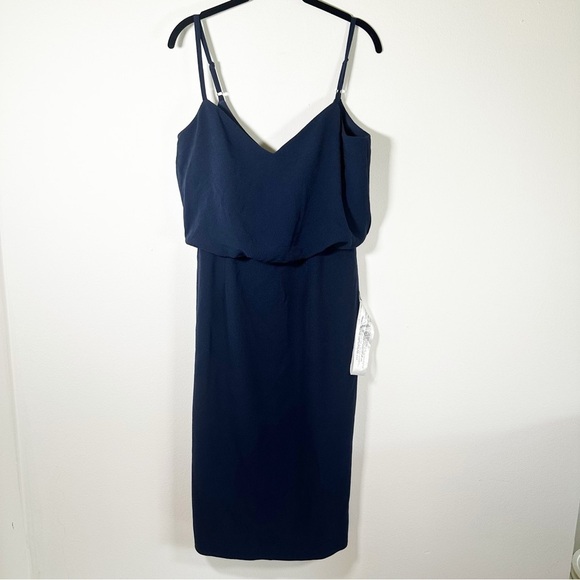NWT Dress the Population Alondra Blouson Sheath Dress Midnight Navy Blue Medium - Picture 2 of 14